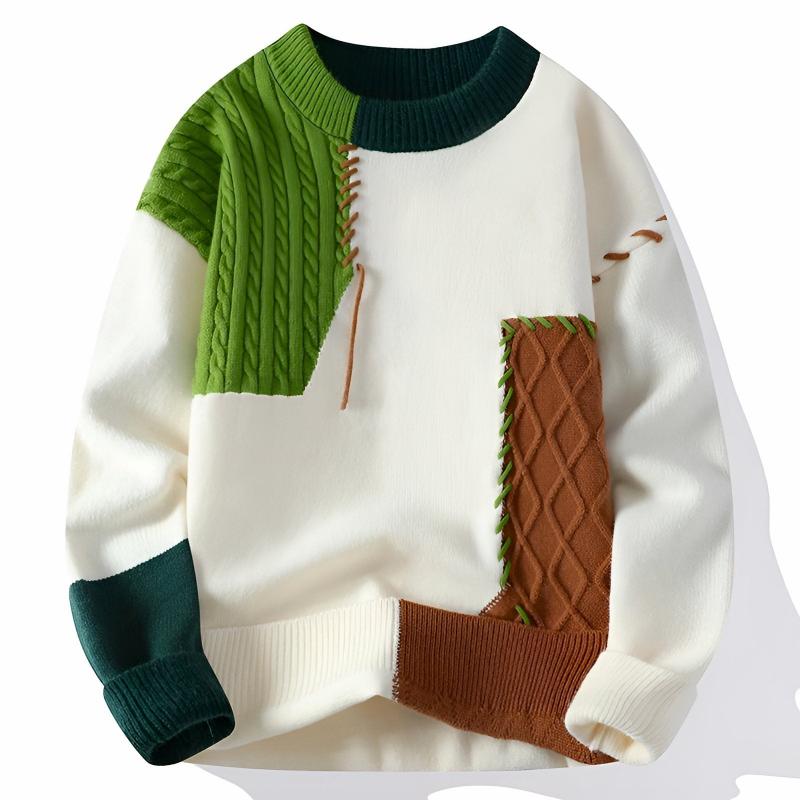 Unikalny męski sweter patchworkowy, kolorowy i ciepły, doskonały do jesiennych stylizacji. Moda męska.
