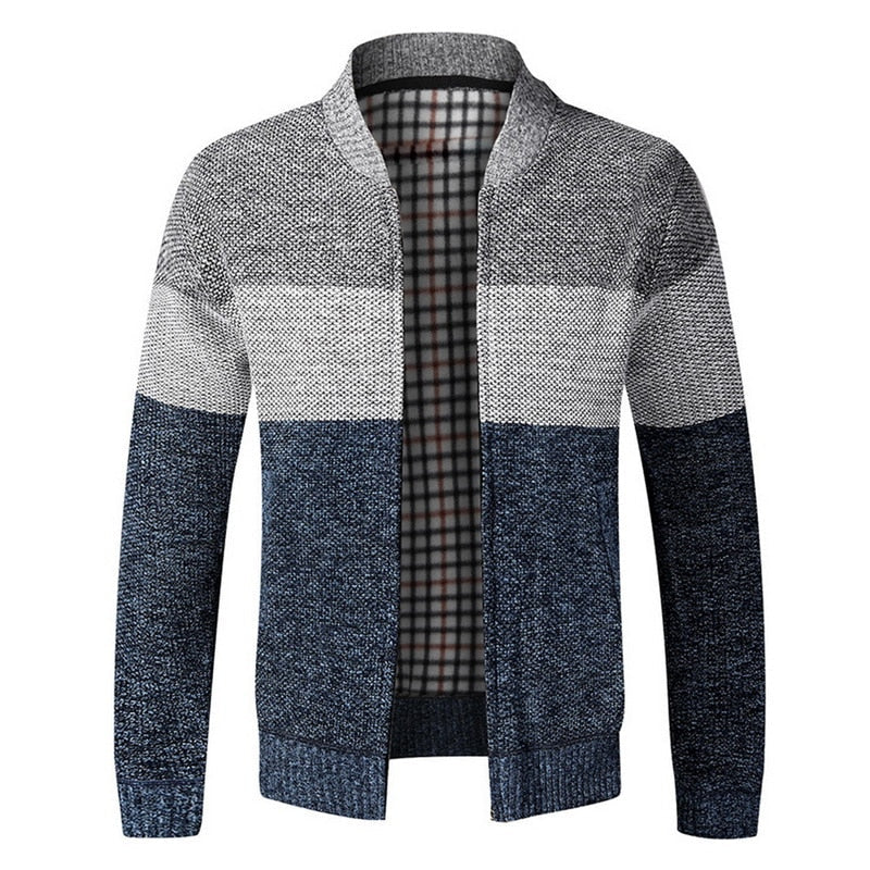 Męski sweter rozpinany w paski ze stójką. Elegancka dzianina, idealny do casualowych stylizacji na jesień i zimę.