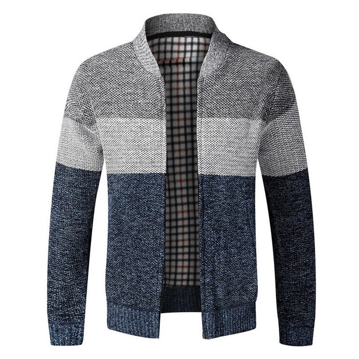Męski sweter rozpinany w paski ze stójką. Elegancka dzianina, idealny do casualowych stylizacji na jesień i zimę.