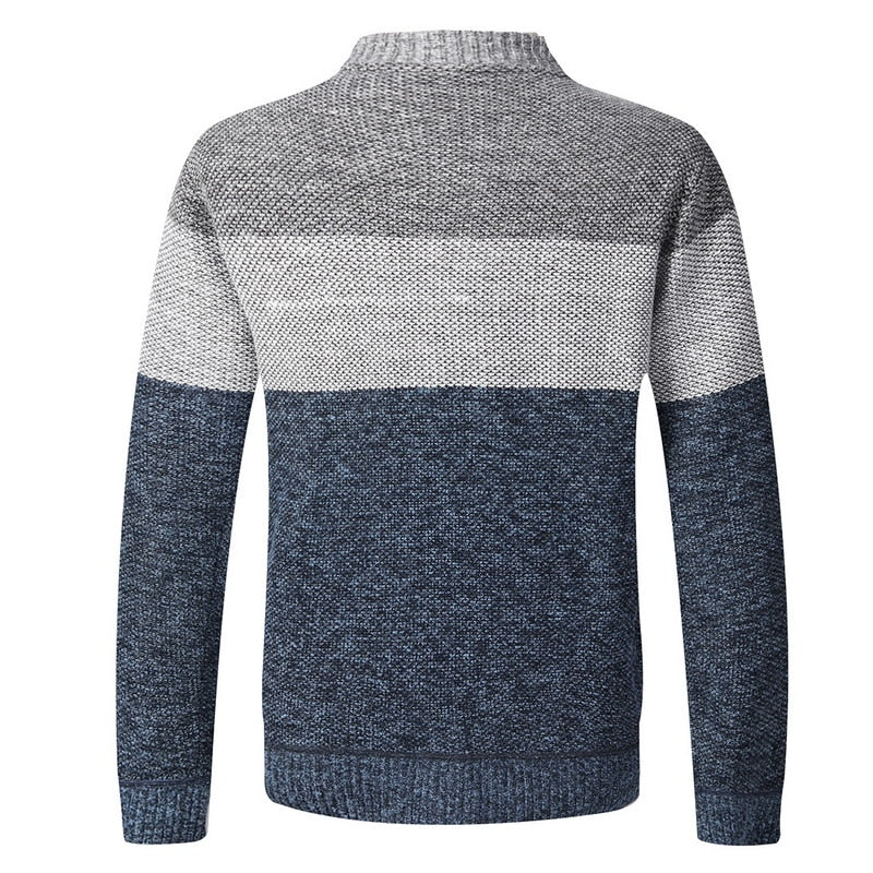 Granatowy sweter męski rozpinany w modne paski ze stójką. Wygodna dzianina, idealna na jesień/zimę.