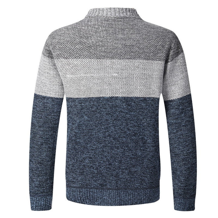 Granatowy sweter męski rozpinany w modne paski ze stójką. Wygodna dzianina, idealna na jesień/zimę.