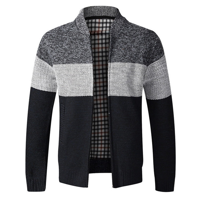 Stylowy męski sweter rozpinany w paski. Dzianinowy ze stójką, doskonały na elegancki i casualowy look.