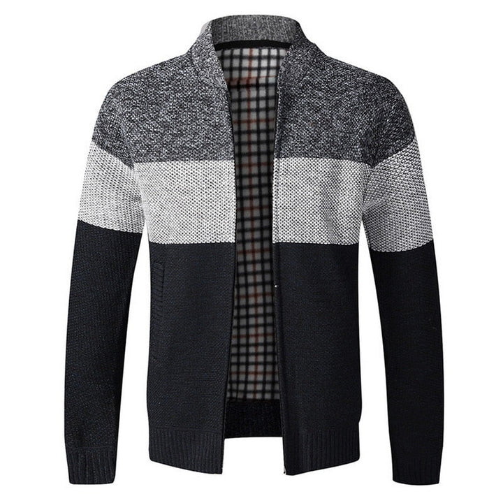 Stylowy męski sweter rozpinany w paski. Dzianinowy ze stójką, doskonały na elegancki i casualowy look.