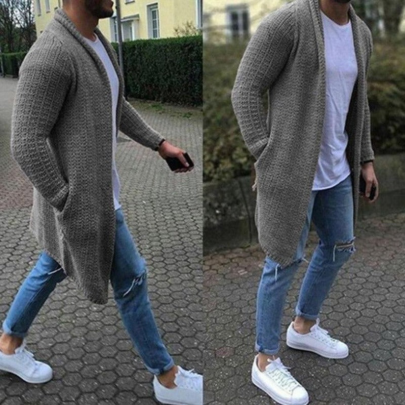 Modny męski kardigan rozpinany, sweter casual na zimę, z ozdobnym detalem przeszycia.