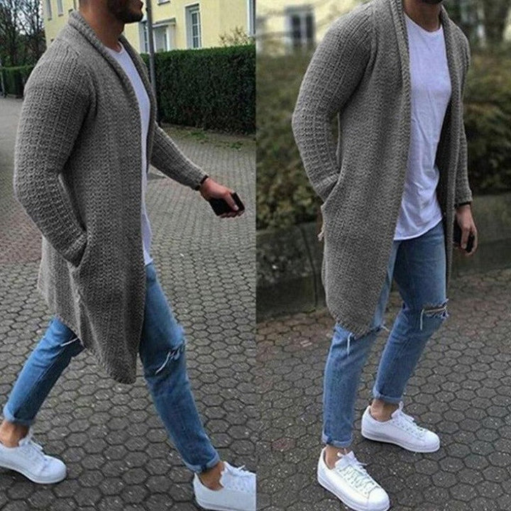 Modny męski kardigan rozpinany, sweter casual na zimę, z ozdobnym detalem przeszycia.