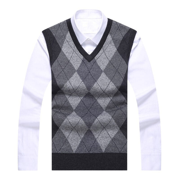 Męski sweter z dekoltem V w klasyczną kratę. Elegancka kamizelka męska slim fit, bez rękawów.