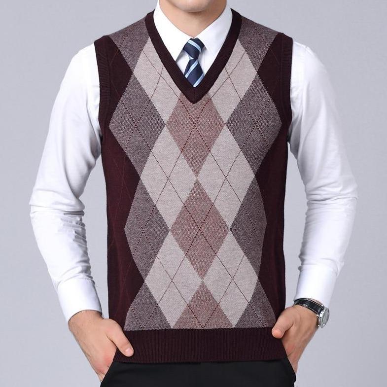 Męski sweter w kratę z dekoltem w serek. Wygodna, elegancka kamizelka dla mężczyzn ceniących styl.