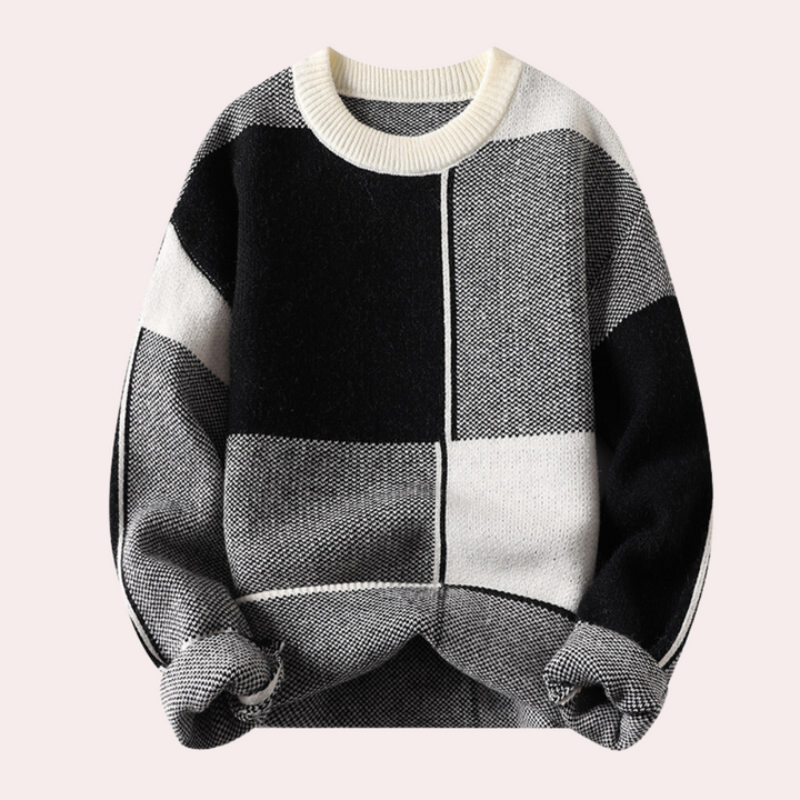 Casualowy sweter męski z geometrycznym wzorem i okrągłym dekoltem. Idealny do smart-casualowych zestawów.