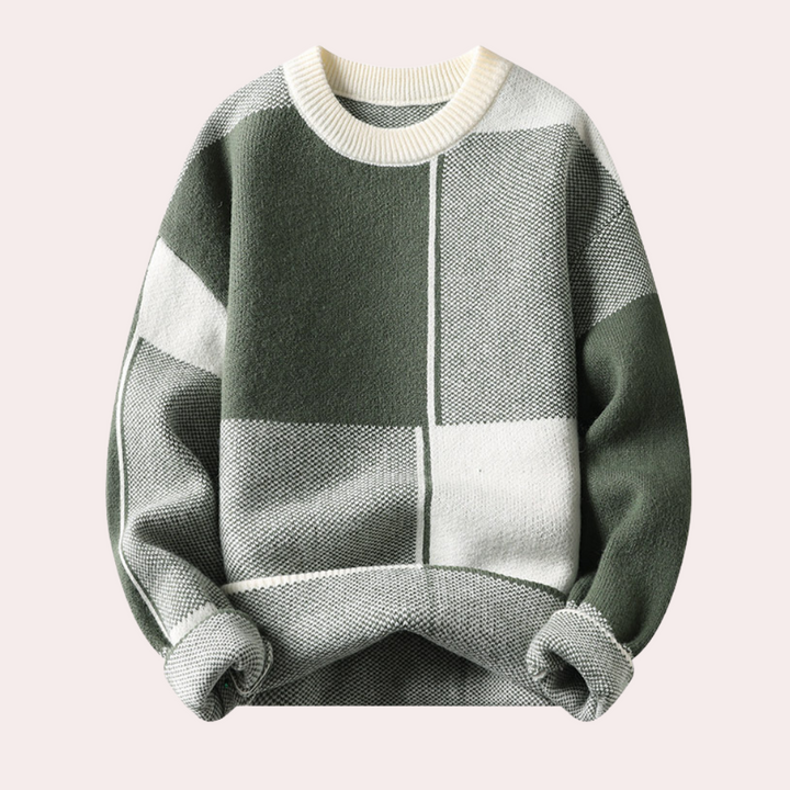 Męski sweter z geometrycznym wzorem, okrągłym dekoltem. Modny, ciepły i komfortowy na jesień i zimę.