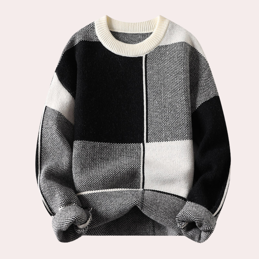 Modny męski sweter z wyróżniającym się geometrycznym wzorem. Stylowy, ciepły i idealny na zimę.