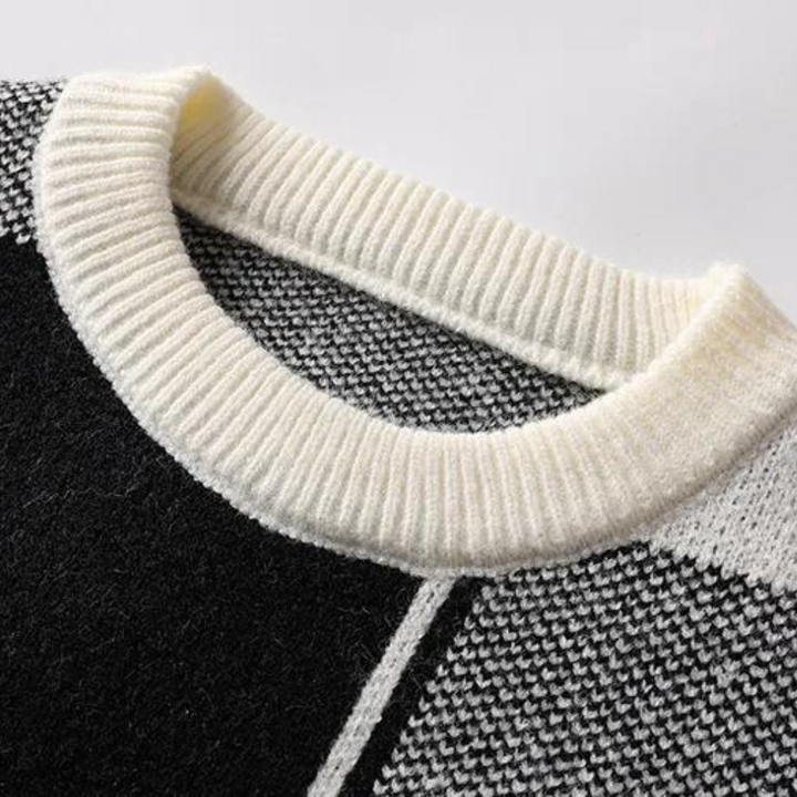 Sweter męski z abstrakcyjnym geometrycznym wzorem. Stylowy, ciepły i komfortowy na sezon jesień-zima.