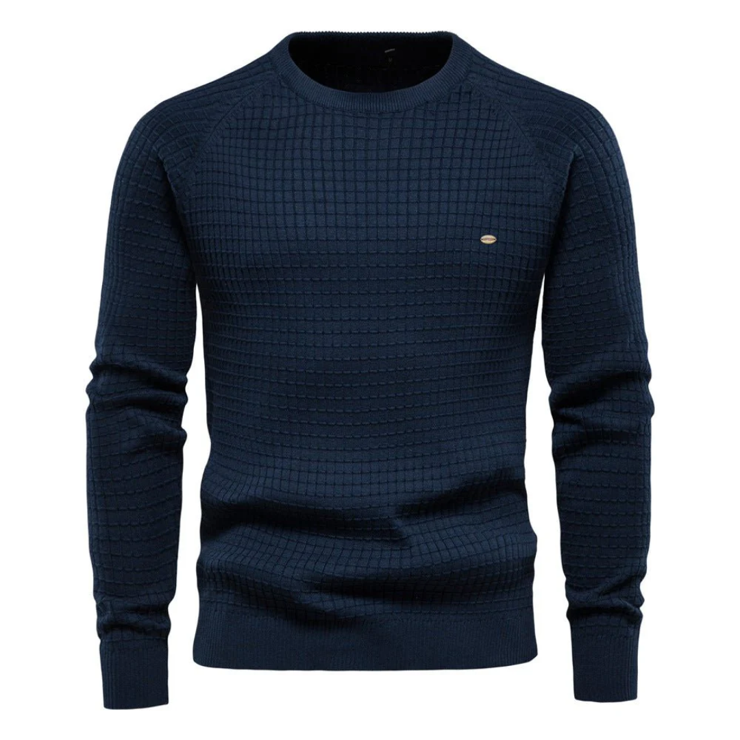 Klasyczny męski sweter z okrągłym dekoltem, wszechstronny do stylizacji casual i eleganckich.
