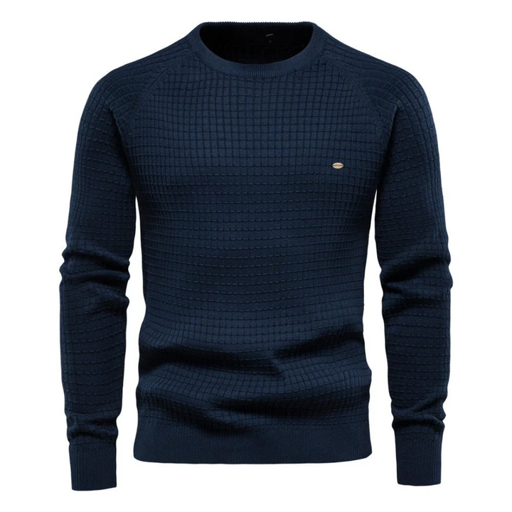 Klasyczny męski sweter z okrągłym dekoltem, wszechstronny do stylizacji casual i eleganckich.
