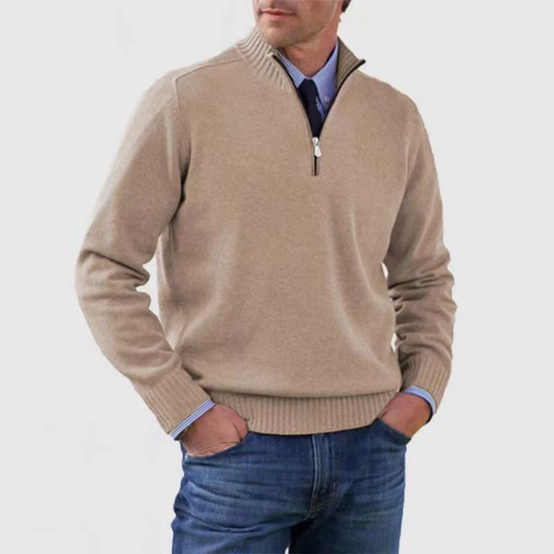 Męski sweter z zamkiem na stójce, elegancki i wszechstronny, pasuje do wielu stylizacji.