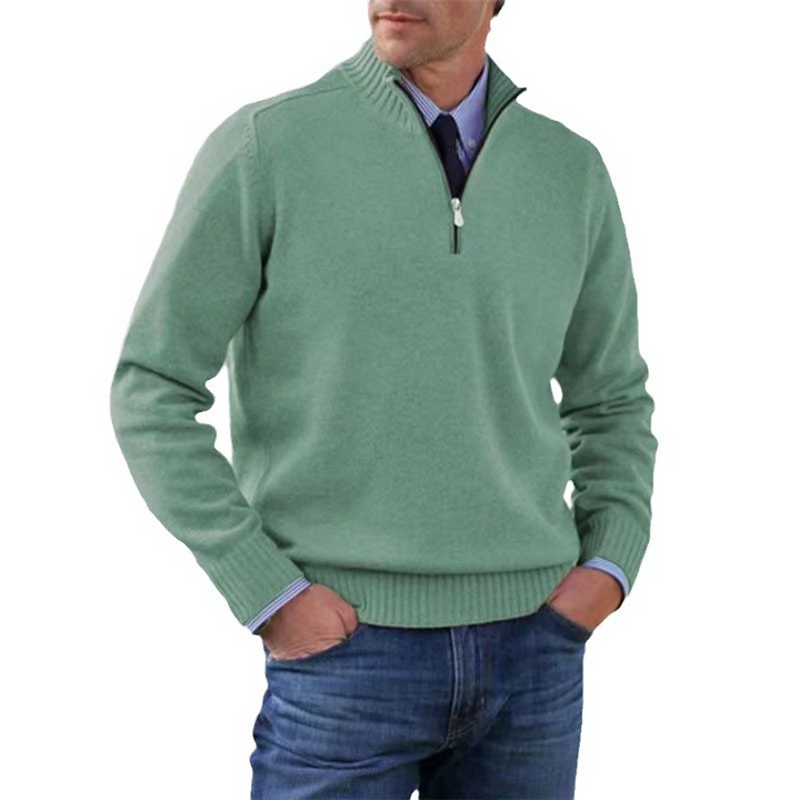 Casualowy sweter męski z półgolfem na zamek. Idealny do dżinsów, ciepły, modny i komfortowy fason.