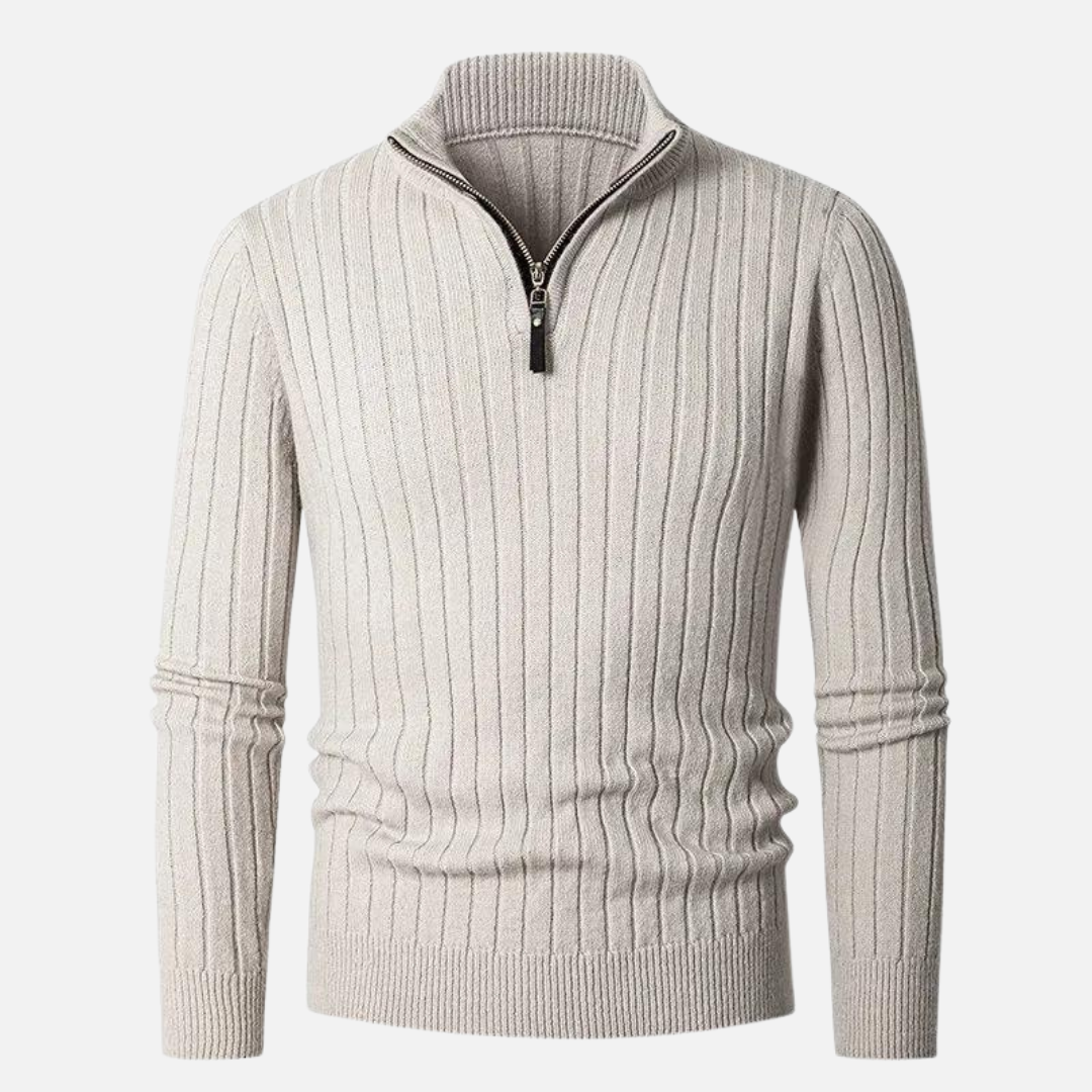Męski sweter z półzamkiem i wysokim kołnierzem, idealny na jesień i zimę. Komfortowy i stylowy.