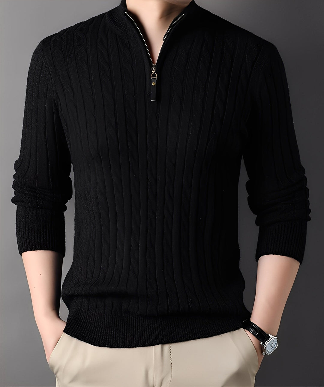Elegancki sweter męski z kołnierzem na zamek. Ubrania dla mężczyzn, casualowy sweter na jesień/zimę, modny krój.