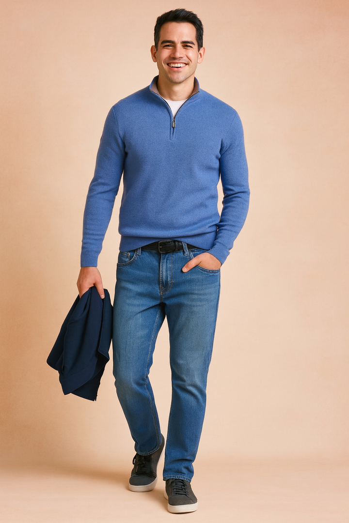 Komfortowy sweter męski z zamkiem, idealny do casualowych stylizacji. Modny pulower z długim rękawem.