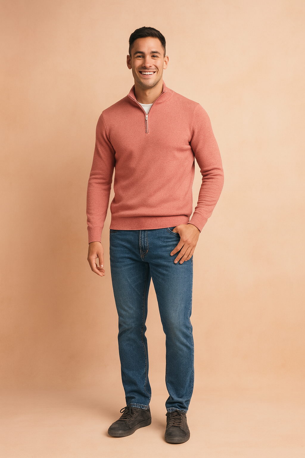 Męski sweter z krótkim zamkiem, modny pulower. Podkreśla casualowy styl i zapewnia komfort noszenia.