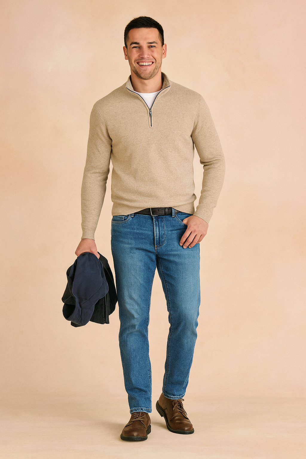 Klasyczny męski sweter z zamkiem, must-have w modzie męskiej. Komfortowy pulower z długim rękawem.