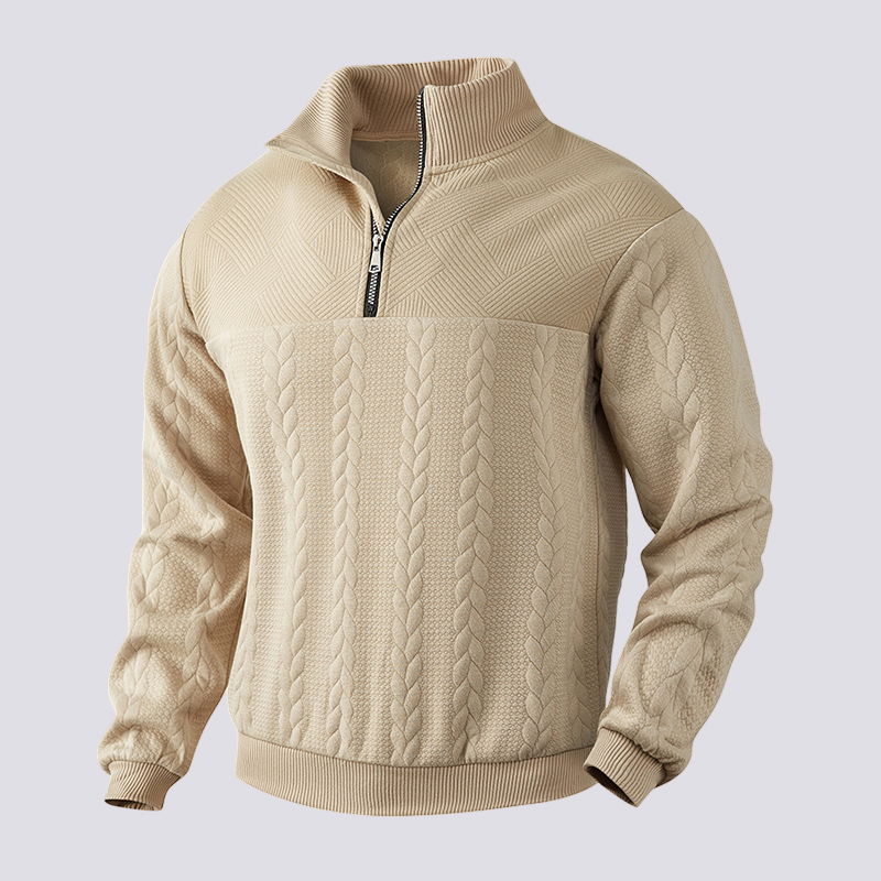 Męski sweter z zamkiem ćwierć, idealny na co dzień. Elegancki i komfortowy, jesienno-zimowa moda męska.