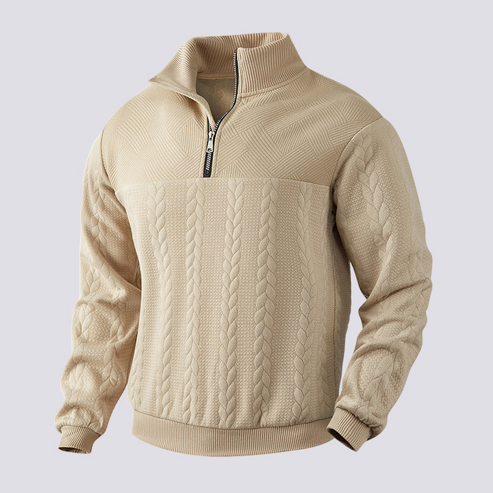 Męski sweter z zamkiem ćwierć, idealny na co dzień. Elegancki i komfortowy, jesienno-zimowa moda męska.