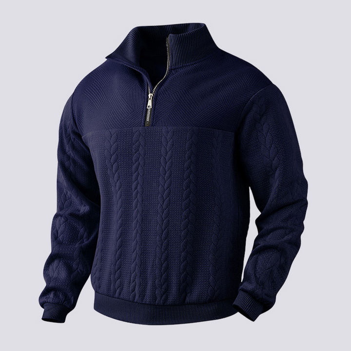 Męski sweter z zamkiem ćwierć w stylu henley. Uniwersalny sweter męski do codziennych i eleganckich stylizacji.