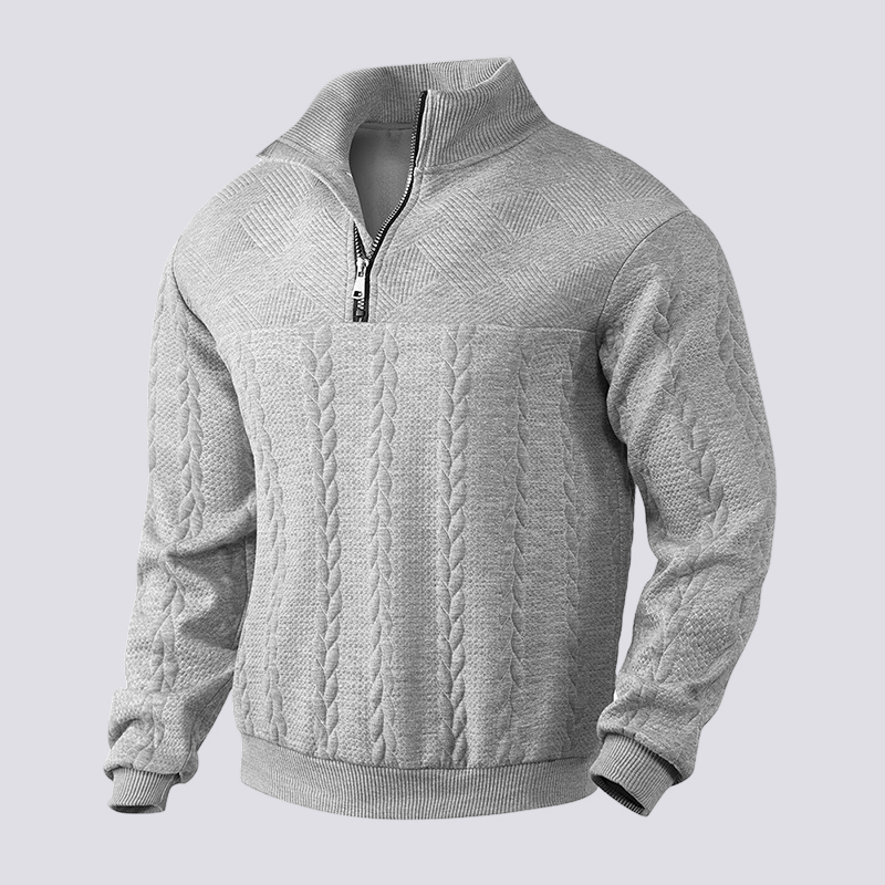 Elegancki męski sweter z zamkiem ćwierć. Modny i ciepły, doskonały na jesień, zimę i na co dzień.