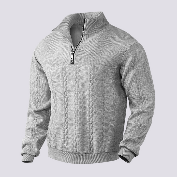 Elegancki męski sweter z zamkiem ćwierć. Modny i ciepły, doskonały na jesień, zimę i na co dzień.