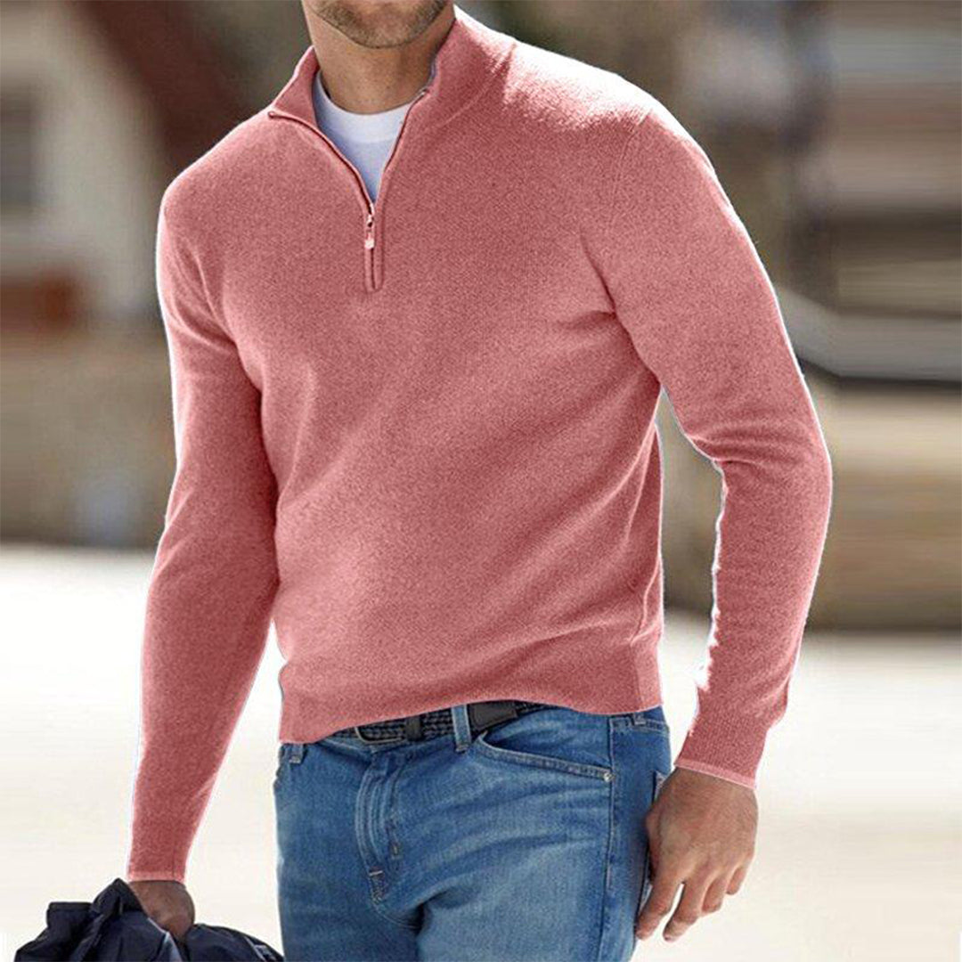 Elegancki, zimowy sweter męski ze stójką. Rozpinany, zapewniający ciepło i modny wygląd.