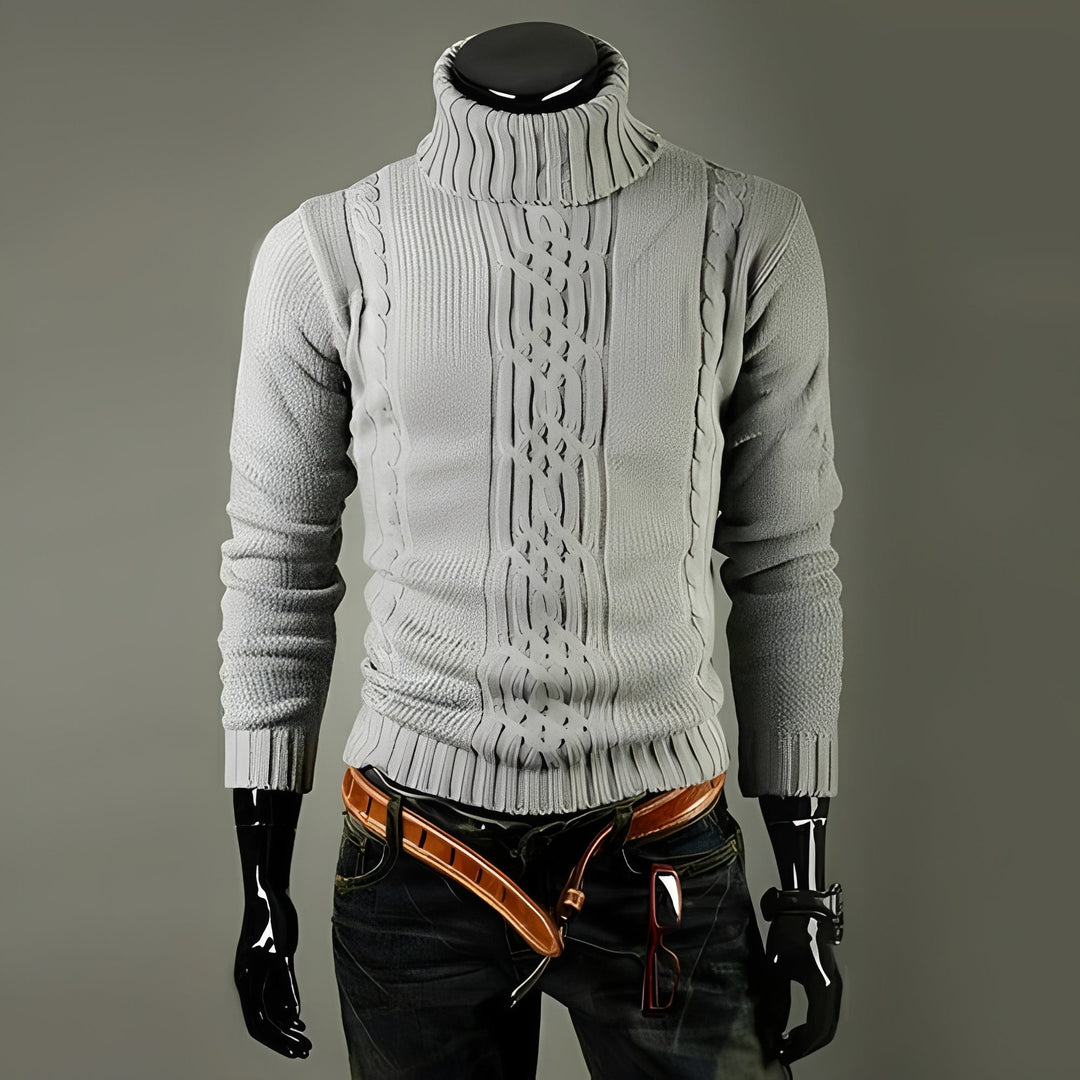 Męski szary sweter z golfem, ciepły i stylowy. Idealny na jesień i zimę. Wykonany z miękkiego materiału.