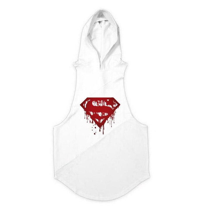 Biały tank top męski z kapturem i logo Superman. Odzież streetwear, koszulka bez rękawów na lato.