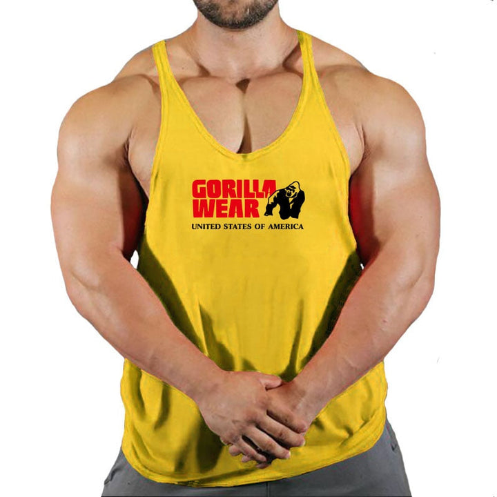Biały męski tank top z żółtym modnym nadrukiem. Koszulka bez rękawów o luźnym kroju, idealna na casualowe stylizacje.