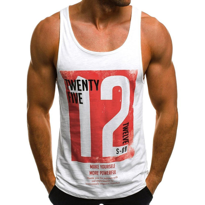 Męski tank top z modnym nadrukiem, idealny na lato. Casualowa koszulka bez rękawów z okrągłym dekoltem.