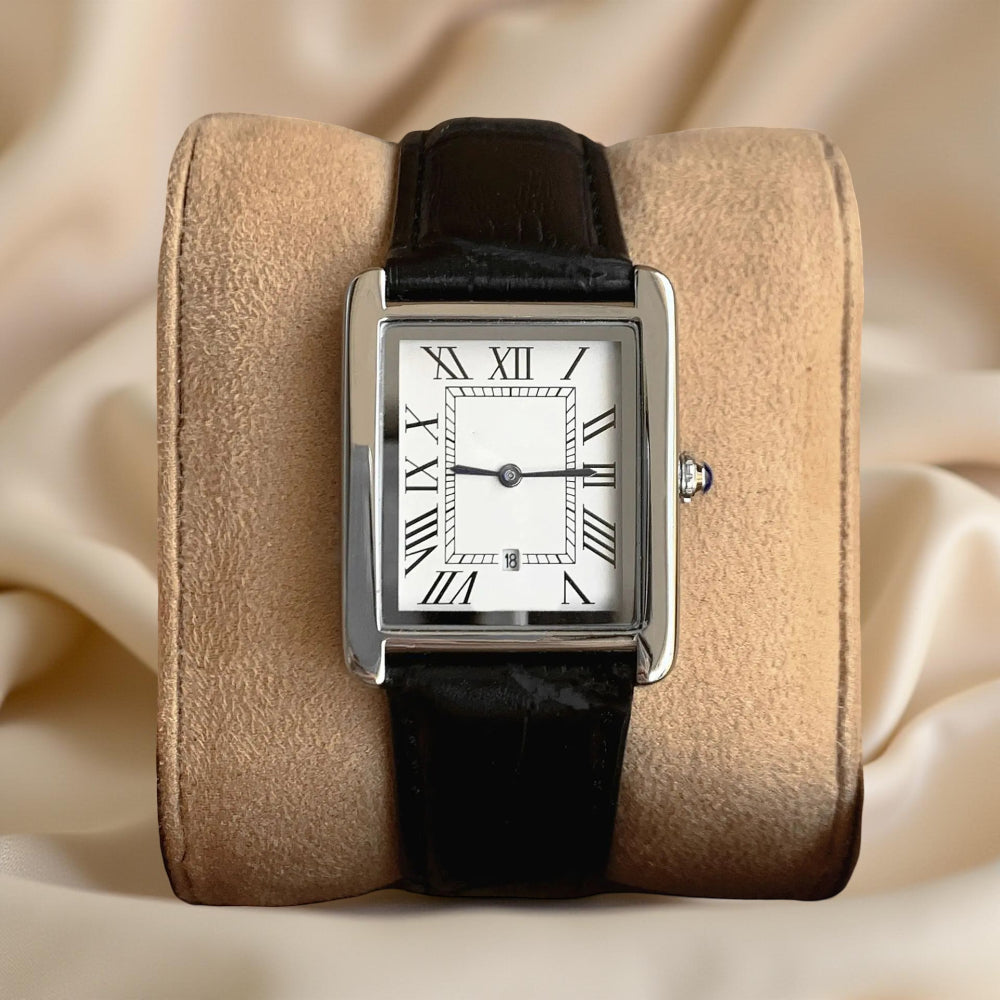 Klasyczny męski zegarek analogowy w stylu retro z kwadratową tarczą, idealny do eleganckich stylizacji.
