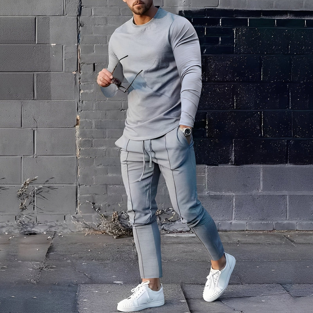 Wygodny męski sweter i dopasowane spodnie. Modny zestaw casual do noszenia codziennie.