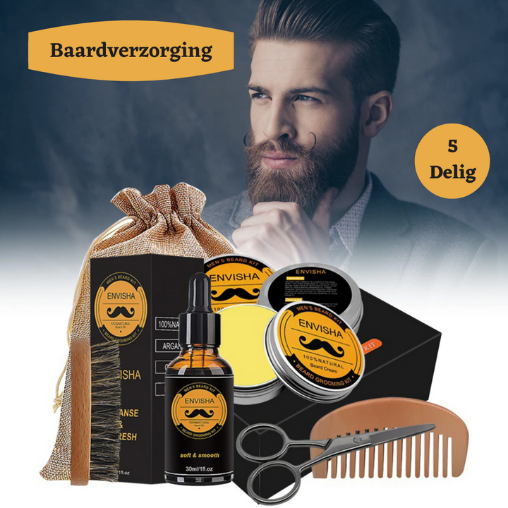 Mężczyzna stylizujący brodę. Zestaw do pielęgnacji zarostu dla mężczyzn. Uroda i grooming barber.