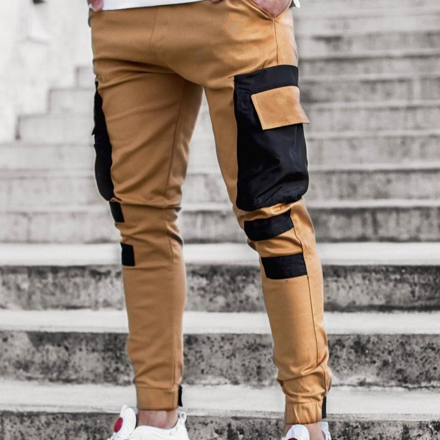 Stylowe męskie bojówki dwukolorowe ze ściągaczami. Modne spodnie cargo slim fit z elastycznymi mankietami.