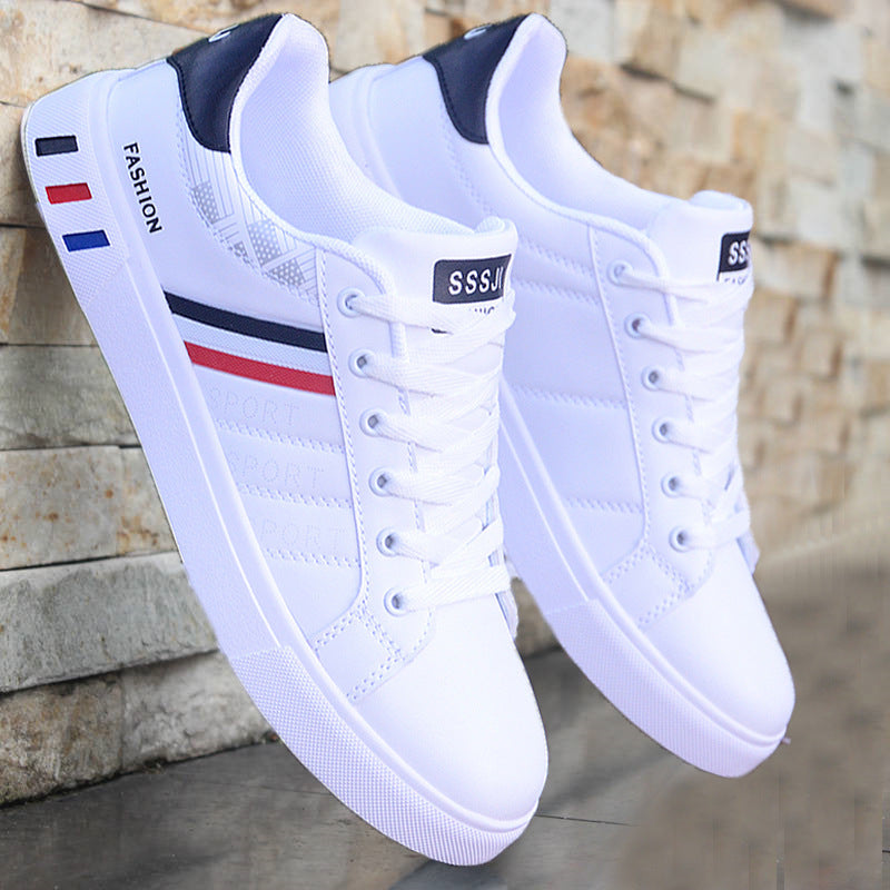 Męskie casualowe buty miejskie z ozdobnymi paskami, białe. Niskie, wygodne sneakersy na lato.