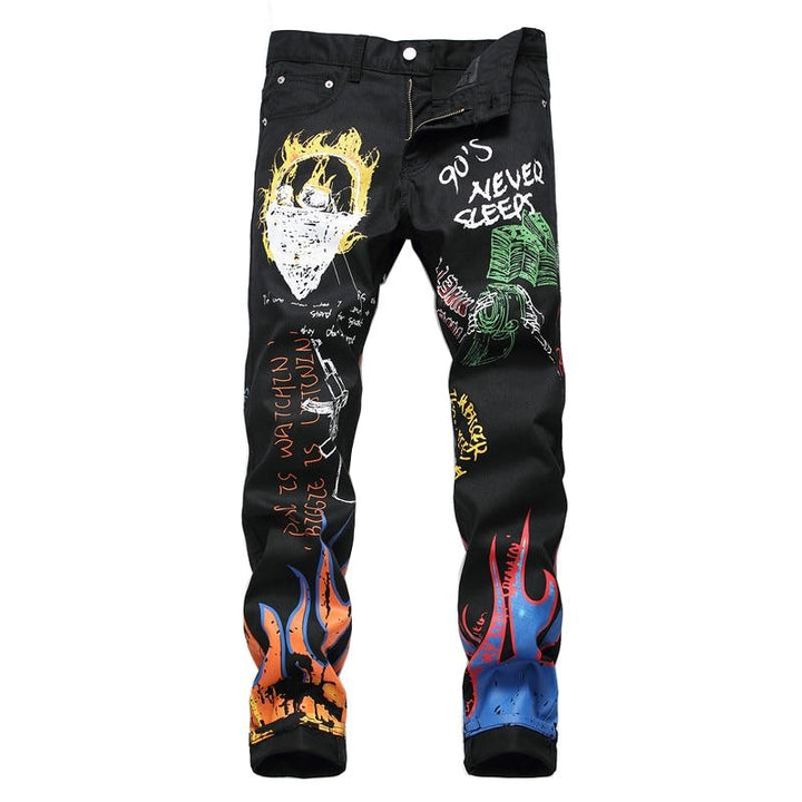 Męskie czarne jeansy slim fit z modnymi nadrukami, idealne do casualowych stylizacji streetwear.