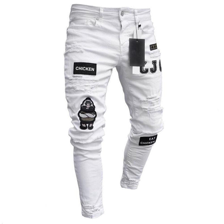 Przecierane męskie jeansy slim fit. Spodnie z modnymi naszywkami w stylu casual, dostępne w różnych kolorach.