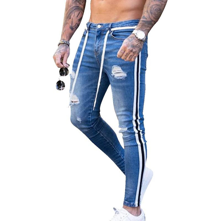 Męskie jeansy slim fit z modnymi przetarciami, idealne do casualowych stylizacji. Komfortowe spodnie denim.