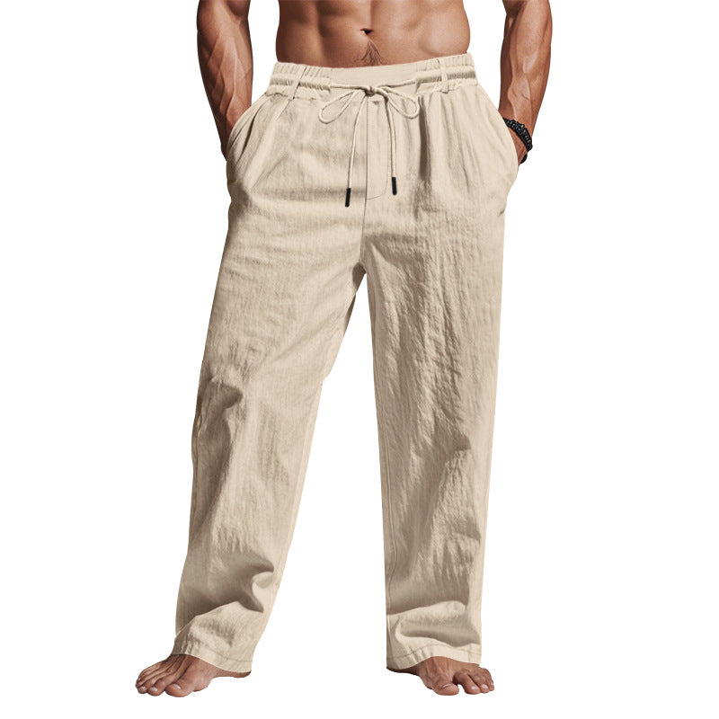 Wygodne męskie spodnie letnie casual, luźne, z regulowanym pasem i kieszeniami. Modny look.