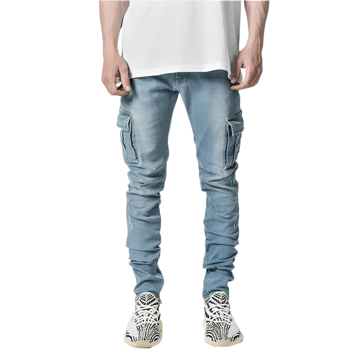 Męskie luźne jeansy cargo z wieloma kieszeniami, idealne na co dzień, w stylu streetwear. Komfortowe spodnie.