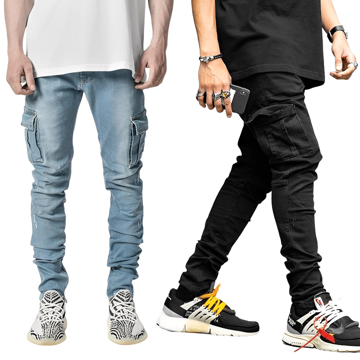 Uniwersalne męskie jeansy, luźne, wielokieszeniowe. Spodnie casualowe streetwear dla wygody i stylu na co dzień.