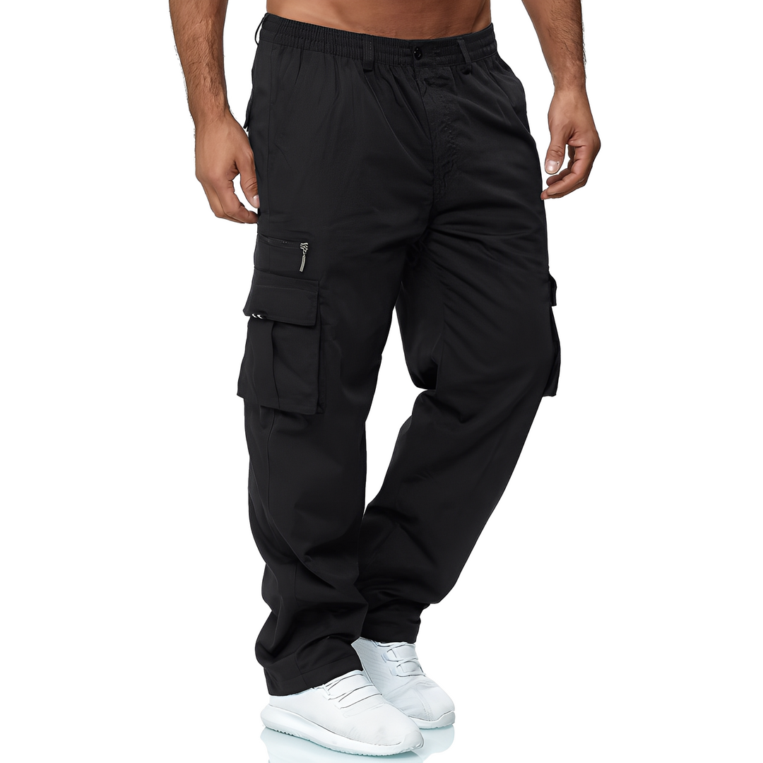 Męskie modne spodnie cargo w szarym kolorze, uniwersalne do casualowych i codziennych outfitów.