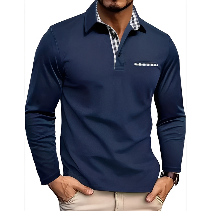 Męska koszulka polo z długim rękawem, detal kołnierzyka. Elegancka odzież casualowa, moda na jesień.