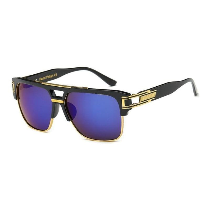 Stylowe prostokątne męskie okulary przeciwsłoneczne, modne dopełnienie letniego outfitu.
