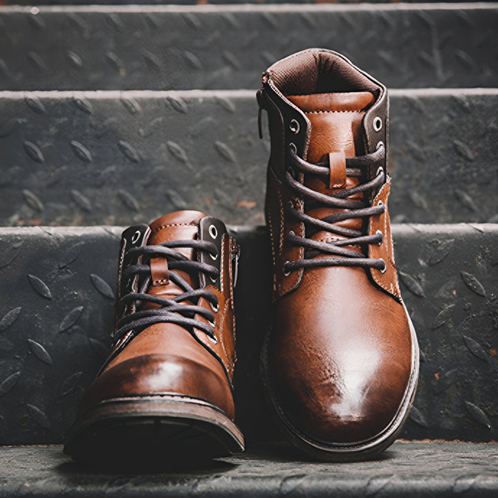 Męskie retro buty trekkingowe brązowe, idealne na zimę i co dzień. Wygodne obuwie z solidną podeszwą.