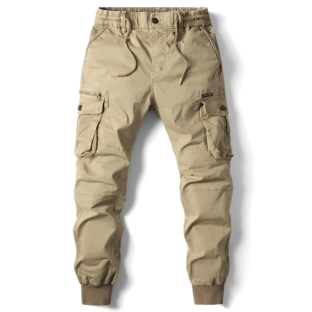 Męskie spodnie cargo jogger khaki, idealne do stylowych, codziennych outfitów.